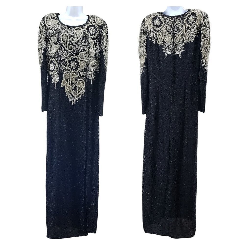 VTG‎ Silk Evening Gown Heavily Beaded Mark & John By Gopal Long Maxi 80s Size L
